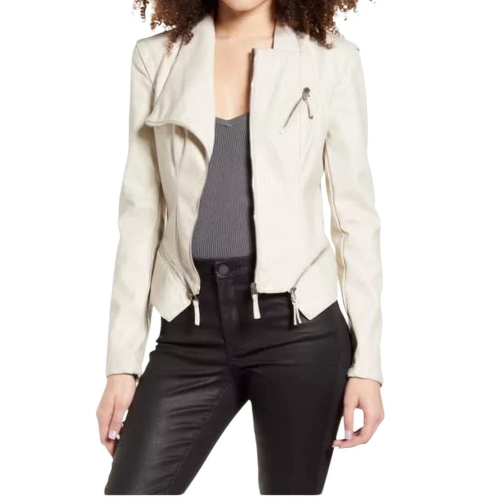 Blank NYC Size XL Faux Leather Vegan Zip Front Moto Jacket Cream Lined Edgy NWT